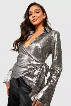 Рубашка с запахом по бокам с пайетками Boohoo, серебряный