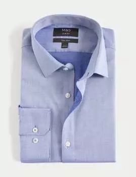 Рубашка Slim Fit Easy Iron из чистого хлопка с текстурой Marks & Spencer, синий