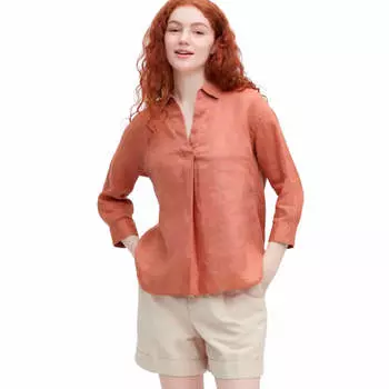 Рубашка Uniqlo Premium Linen Skipper Collar 3/4 Sleeved, коричневый
