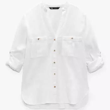 Рубашка Zara Roll-up Sleeve Linen Blend, белый