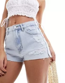 Рваные джинсовые шорты для мам с высокой талией Pull&Bear Голубые