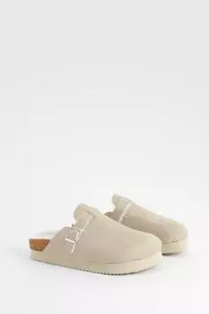 Сабо на платформе с закрытым носком на меховой подкладке boohoo, бежевый