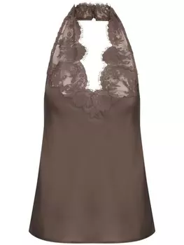 Saint Laurent шелковый топ с кружевом, коричневый