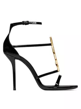 Сандалии Cassandra из лакированной кожи с золотистой монограммой Saint Laurent, неро
