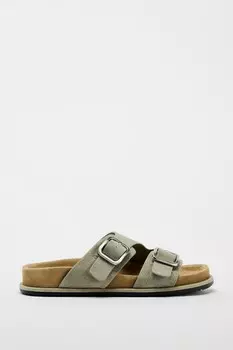Сандалии из спила с пряжками ZARA, хаки зеленый
