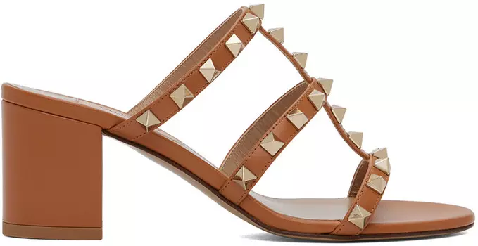 Сандалии Rockstud из телячьей кожи на каблуке Tan Valentino Garavani