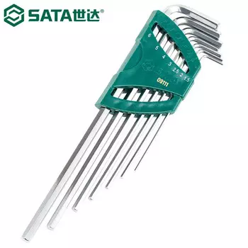 SATA 09111 Набор шестигранных ключей, удлиненный шестигранный ключ с плоской головкой, шестигранный, из закаленной стали SVCM, из закаленной стали, метрический, набор из 7 предметов 1,5–6 мм