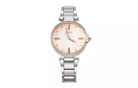 SEIKO Женские часы с кварцевым механизмом, ремешком из нержавеющей стали, розовым циферблатом