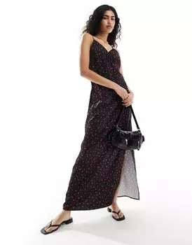 Selected Femme — длинное атласное платье-майка с цветочным принтом и сборками