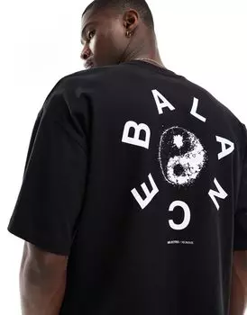 Selected Homme — черная плотная футболка оверсайз с принтом «Balance» на спине