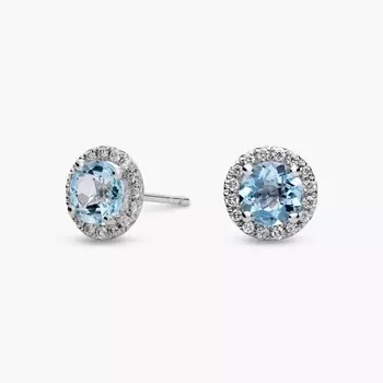 Серьги-гвоздики с аквамарином и микропаве из белого золота 18 карат (5 мм) Blue Nile