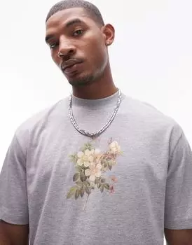 Серая футболка оверсайз премиум-класса с вышивкой роз Topman