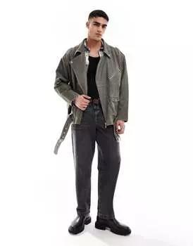 Серая потертая байкерская куртка оверсайз из натуральной кожи ASOS DESIGN