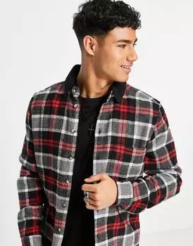 Серая шерстяная рубашка в клетку с черным воротником-боргом ASOS DESIGN