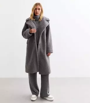 Серое длинное пальто Borg New Look, темно-серый