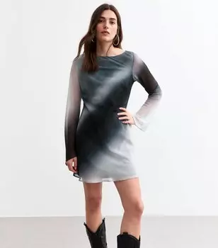 Серое шифоновое мини-платье с расклешенными рукавами и эффектом омбре New Look, светло-серый
