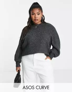 Серый пушистый джемпер в рубчик с круглым вырезом ASOS DESIGN Curve