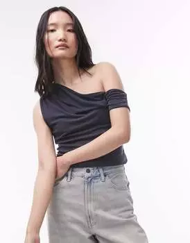 Серый топ с открытыми плечами и драпировкой Topshop