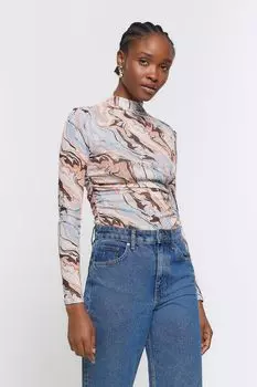 Сетчатый топ с длинными рукавами River Island, бежевый