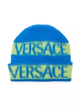 Шапка бини из вирджинской шерсти с логотипом Versace Kids, синий