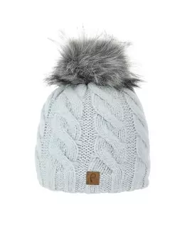 Шапка Faera Warmes Beanie mit Kunstfell Bommel Zopfmuster, светло-синий
