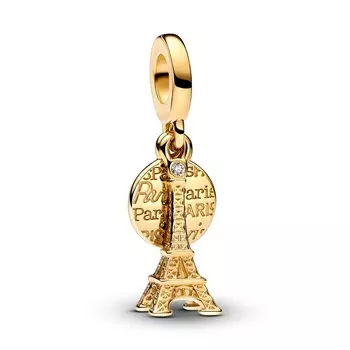 Шарм Paris Eiffel Tower Lab-Grown Diamond Engravable Double Dangle Pandora, покрытие - золото