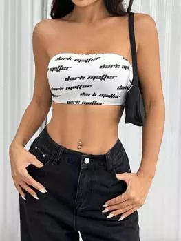SHEIN EZwear — женский летний укороченный топ с буквенным принтом приталенного кроя, белый цвет