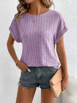 SHEIN LUNE Женская летняя однотонная повседневная футболка с рукавами «летучая мышь», фиолетовый