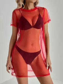 SHEIN Высокое женское летнее пляжное сексуальное сетчатое платье с короткими рукавами, красный цвет