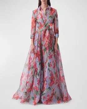 Шелковое платье-тренч с акварельным цветочным принтом и поясом Carolina Herrera, цвет Haze Multi