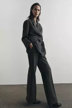 Шерстяной пиджак с поясом ZARA, серый