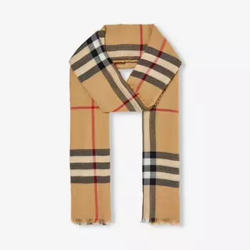 Шерстяной шарф в клетку с бахромой Burberry, бежевый