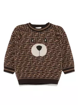 Шерстяной свитер с круглым вырезом Fendi Kids, коричневый