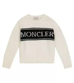 Шерстяной вязаный свитер интарсия с логотипом Moncler Enfant, черный