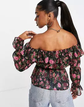 Шифоновая блузка с открытыми плечами и принтом красных роз Miss Selfridge