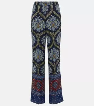 Широкие брюки с узором пейсли из смесового шелка Etro, синий
