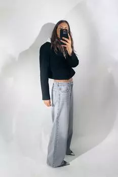 Широкие джинсы z1975 средней посадки ZARA, серый