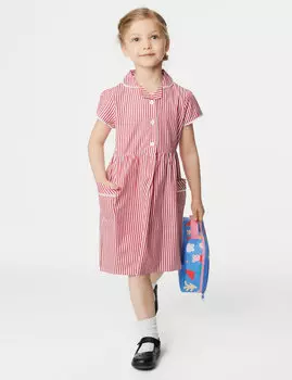Школьное платье в полоску из чистого хлопка для девочек (2–14 лет) Marks & Spencer, красный
