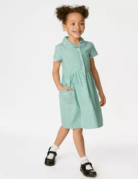 Школьное платье в полоску из чистого хлопка для девочек (2–14 лет) Marks & Spencer, зеленый