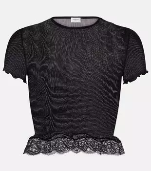 Шёлковый топ с кружевной отделкой Saint Laurent, нуар
