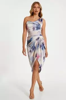 Синее атласное платье миди с мраморным принтом и сборками QUIZ Clothing