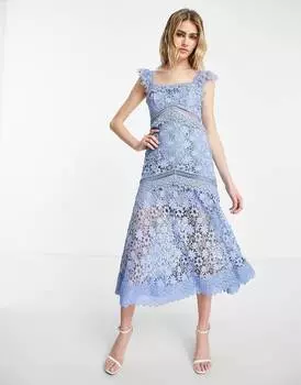 Синее кружевное платье миди с рюшами ASOS DESIGN Premium ASOS DESIGN