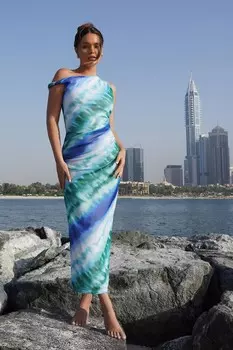 Синее омбре сетчатое асимметричное платье мидакси QUIZ Clothing