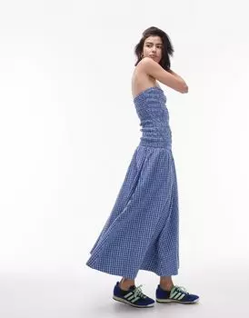 Синее платье-бандо Topshop в клетку со сборками