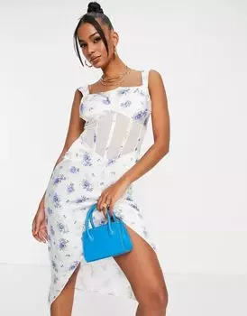 Синее платье миди с сетчатым корсетом ASOS