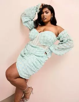 Синее платье мини с корсетом и запахом ASOS LUXE Curve