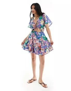 Синее платье мини с вырезом и юбкой-годе ASOS DESIGN