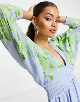 Синее плиссированное платье мини с зеленой вышивкой ASOS DESIGN Petite