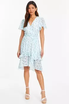 Синее шифоновое мини-платье с принтом в мелкий цветочек QUIZ Clothing