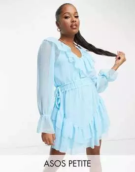 Синее структурированное шифоновое платье мини с рюшами ASOS DESIGN Petite